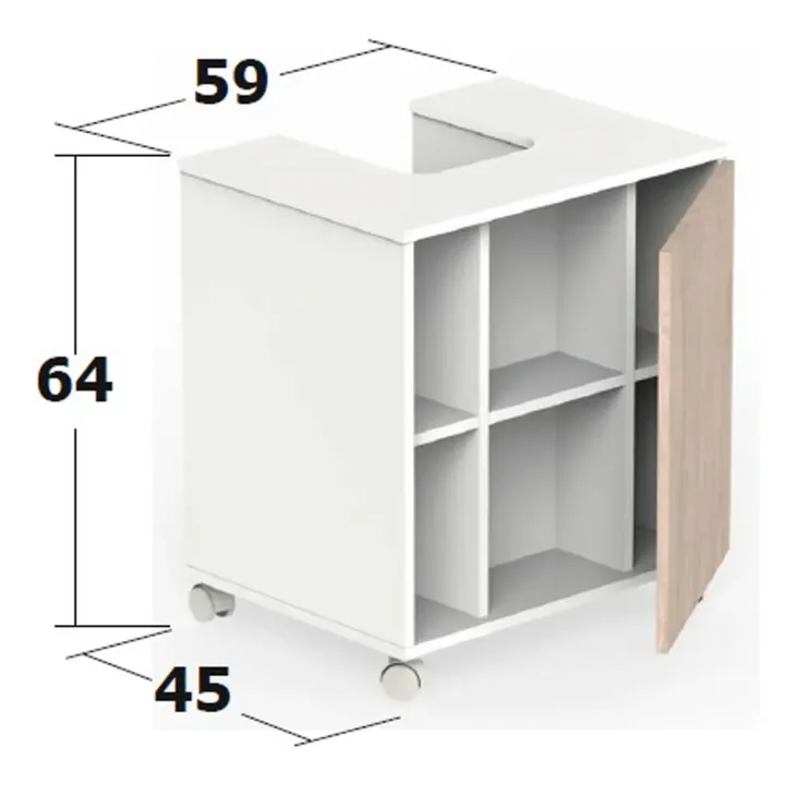 Mobile bagno a terra 64cm con ruote 1 anta rovere bianco Irma