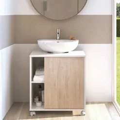 Mobile bagno a terra 64cm con ruote 1 anta rovere bianco Irma