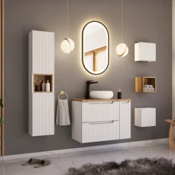 Mobile bagno sospeso cannettato 80cm bianco rovere Cleany