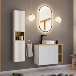 Mobile bagno sospeso cannettato 100cm con lavabo e colonna bianco rovere Cleany