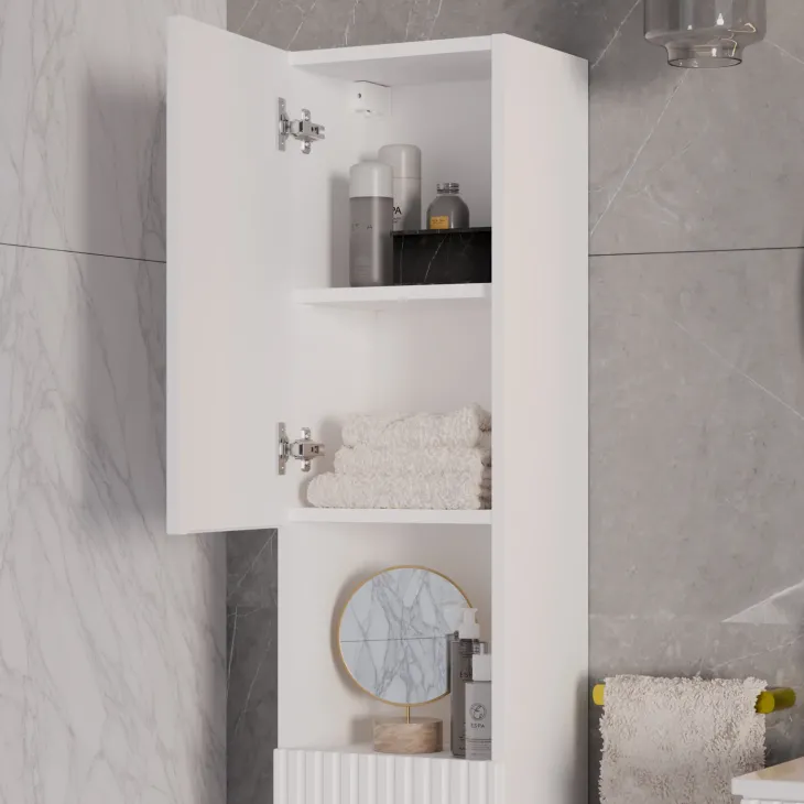 Mobile bagno sospeso cannettato 100cm con lavabo e colonna bianco rovere Cleany