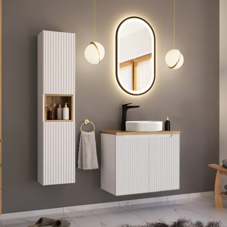 Mobile bagno sospeso cannettato 80cm con lavabo e colonna bianco rovere Cleany
