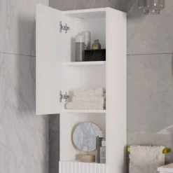 Mobile bagno sospeso cannettato 80cm con lavabo e colonna bianco rovere Cleany