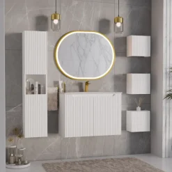 Mobile bagno sospeso cannettato 80cm con lavabo, colonna e 3 pensili bianco rovere Cleany