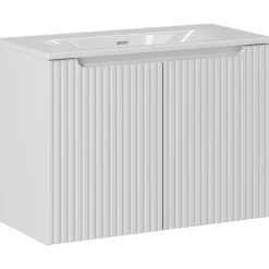 Mobile bagno sospeso cannettato 80cm con lavabo, colonna e 3 pensili bianco rovere Cleany