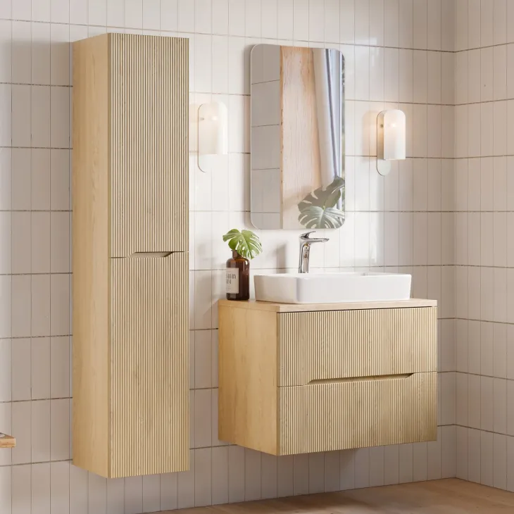 Mobile bagno sospeso cannettato 80cm con colonna rovere Pretty
