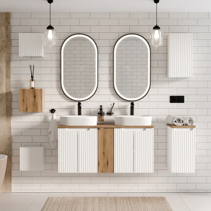 Mobile bagno sospeso cannettato 120cm 5 ante bianco rovere Cleany