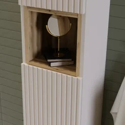 Mobile bagno sospeso cannettato 80cm con lavabo e colonna beige rovere Cleany