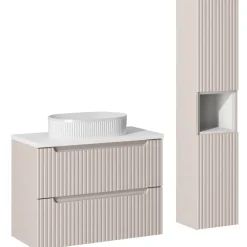 Mobile bagno sospeso cannettato 80cm con lavabo e colonna beige bianco Cleany