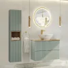 Mobile bagno sospeso cannettato 80cm con lavabo e colonna verde salvia rovere Greeny