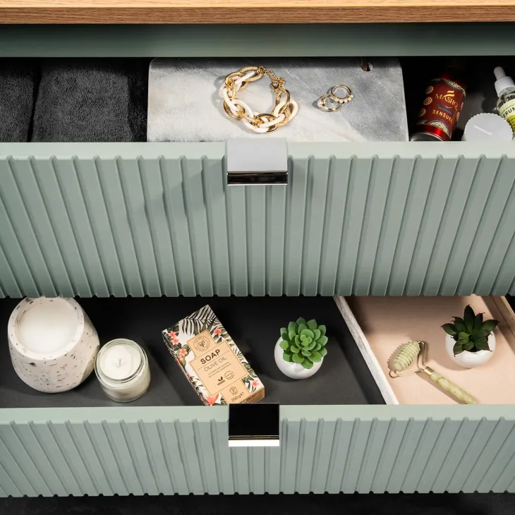 Mobile bagno sospeso cannettato 80cm con lavabo e colonna verde salvia rovere Greeny