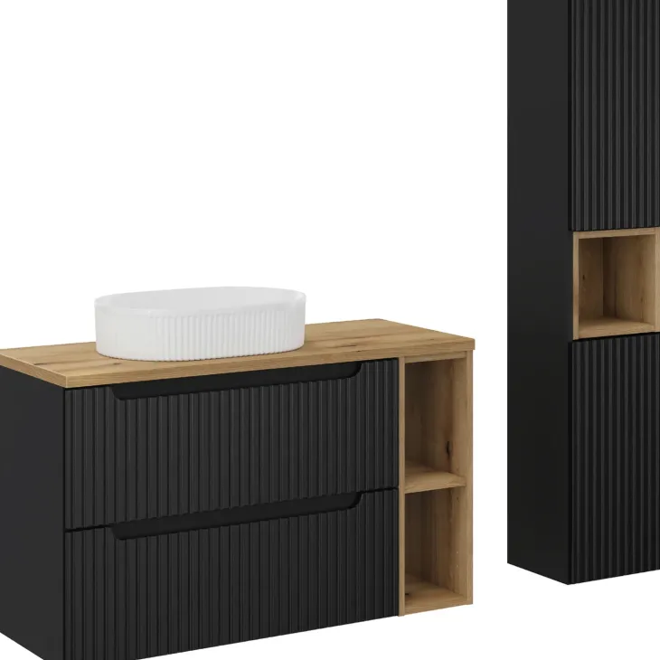 Mobile bagno sospeso cannettato 100cm con lavabo e colonna nero rovere Cleany