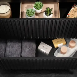 Mobile bagno sospeso cannettato 80cm con lavabo e colonna nero rovere Cleany