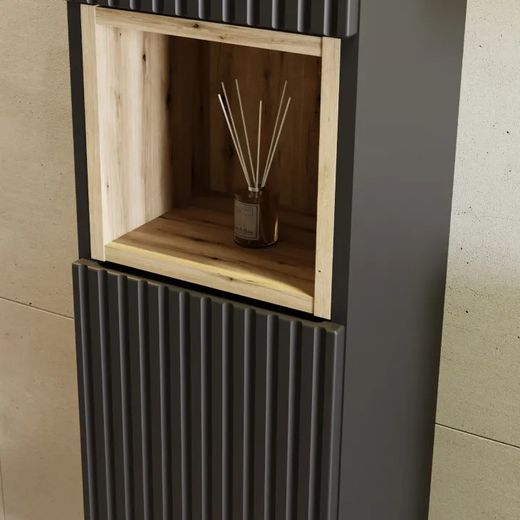 Mobile bagno sospeso cannettato 80cm con lavabo e colonna nero rovere Cleany