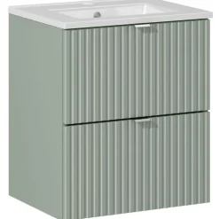 Mobile bagno sospeso cannettato 50cm con lavabo, specchio e colonna verde salvia rovere Greeny