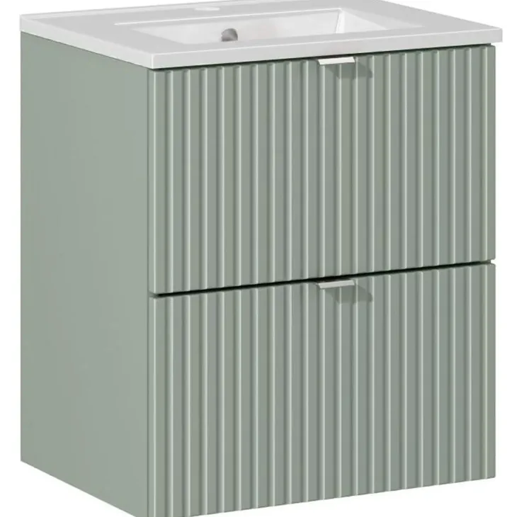Mobile bagno sospeso cannettato 50cm con lavabo, specchio e colonna verde salvia rovere Greeny