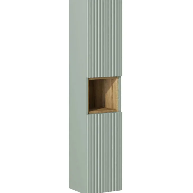 Mobile bagno sospeso cannettato 50cm con lavabo, specchio e colonna verde salvia rovere Greeny