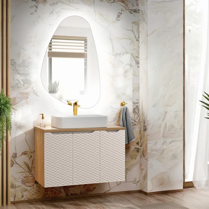 Mobile bagno sospeso 90cm 3 ante beige rovere Swim