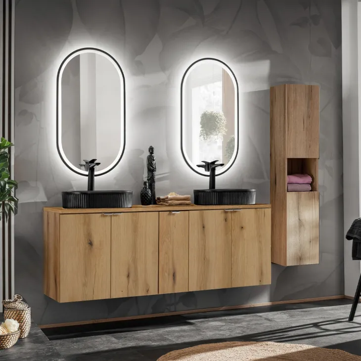 Mobile bagno sospeso 140cm 4 ante con colonna rovere Rovery