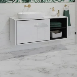 Mobile bagno sospeso 120cm 2 ante e 2 vani a giorno bianco lucido nero Linda