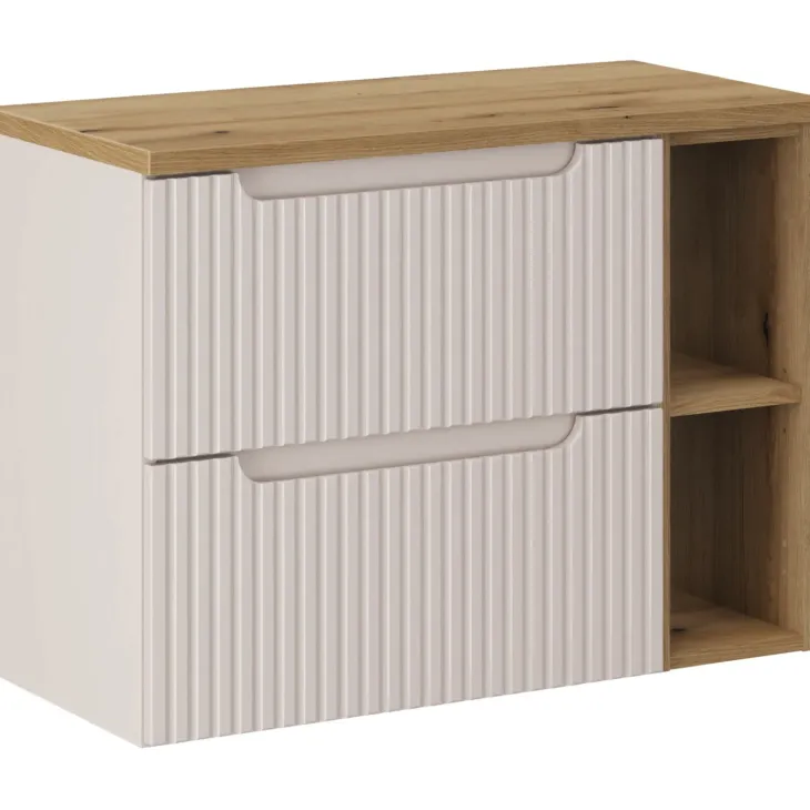 Mobile bagno sospeso 80cm cannettato 2 cassetti e vani beige rovere Cleany