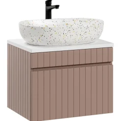 Mobile bagno sospeso 60cm cannettato con lavabo, colonna e specchio rosa Autentic