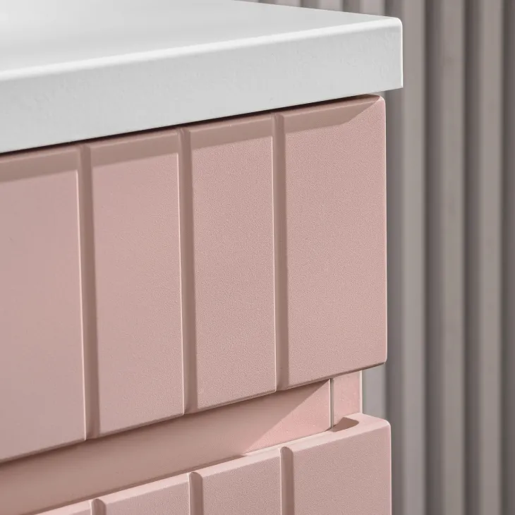 Mobile bagno sospeso 60cm cannettato con lavabo, colonna e specchio rosa Autentic