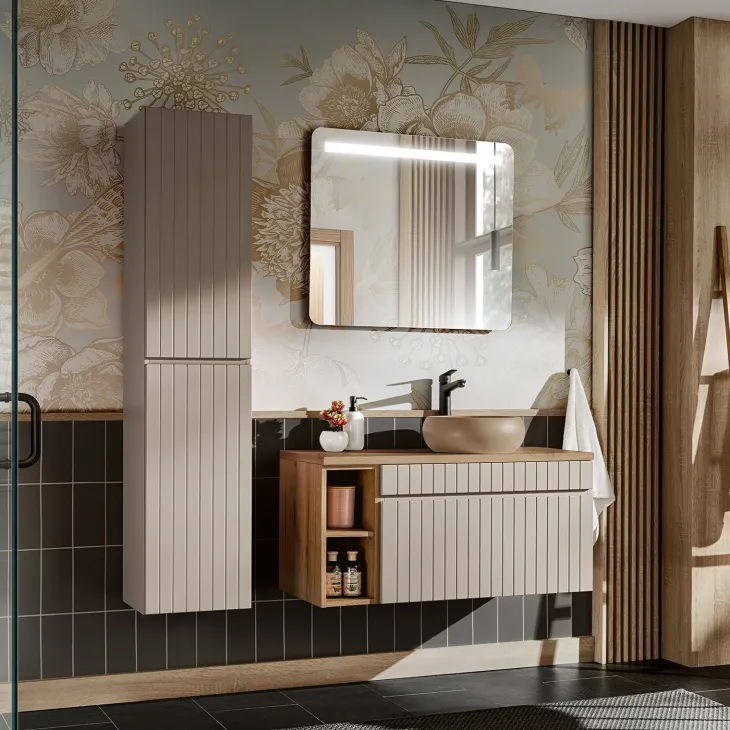 Mobile bagno sospeso 100cm cannettato con lavabo, colonna e specchio beige Autentic