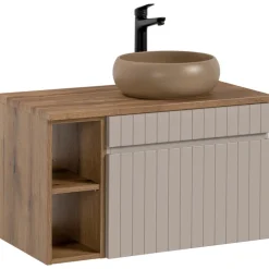Mobile bagno sospeso 100cm cannettato con lavabo, colonna e specchio beige Autentic