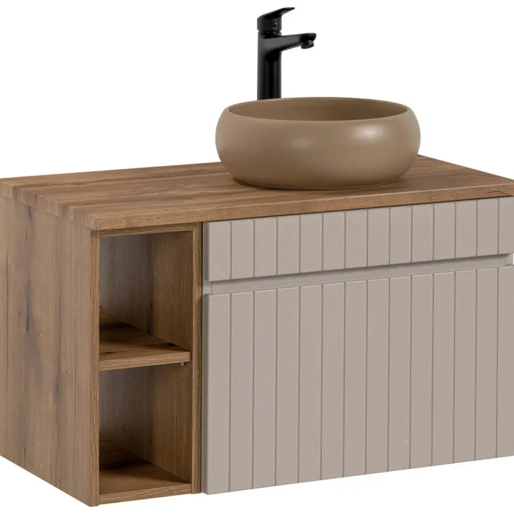 Mobile bagno sospeso 100cm cannettato con lavabo, colonna e specchio beige Autentic