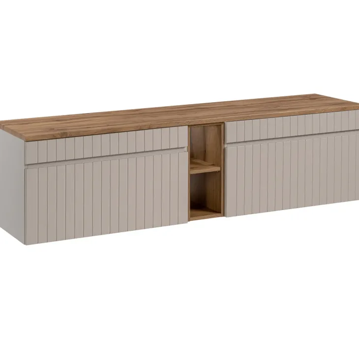 Mobile bagno sospeso 180cm cannettato con 2 lavabi, colonna e 2 specchi beige Autentic