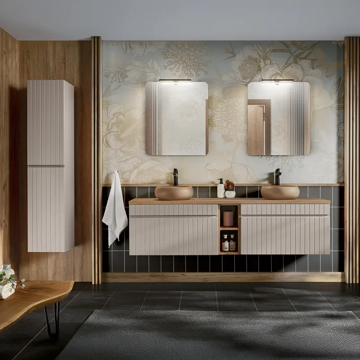 Mobile bagno sospeso 180cm cannettato con 2 lavabi, colonna e 2 specchi beige Autentic