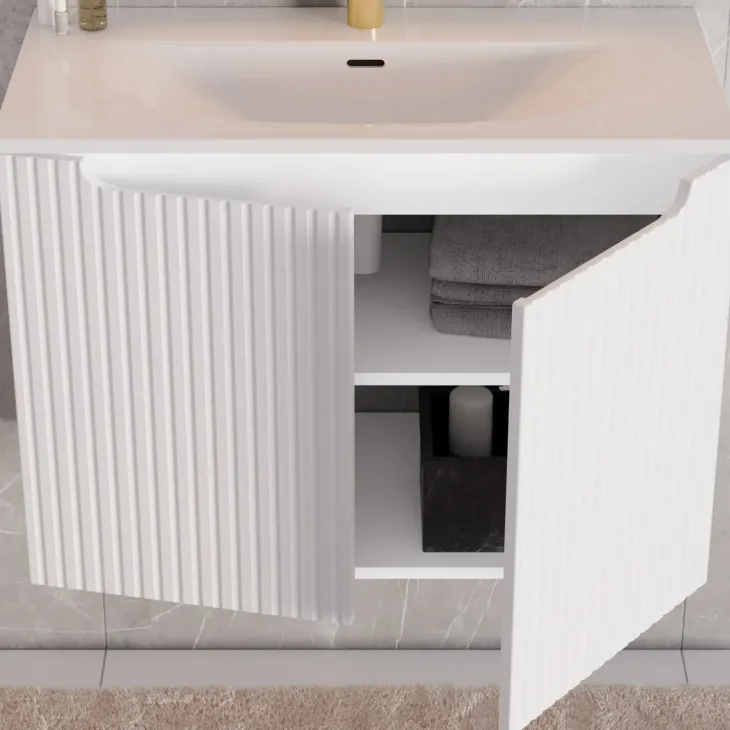 Mobile bagno sospeso 80cm cannettato con lavabo 2 ante bianco Cleany