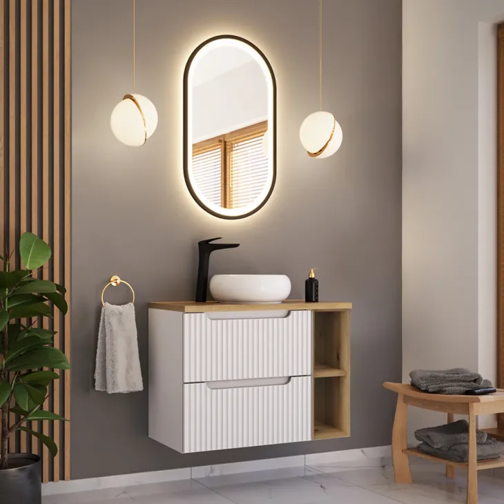 Mobile bagno sospeso 80cm cannettato 2 cassetti e vani bianco rovere Cleany