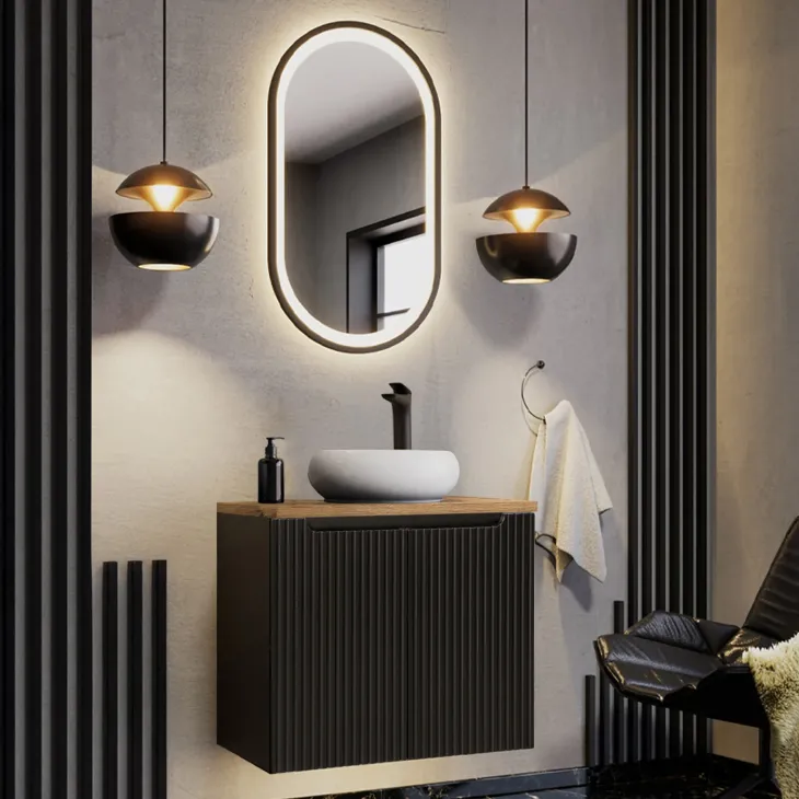 Mobile bagno sospeso 80cm cannettato 2 ante nero rovere Cleany