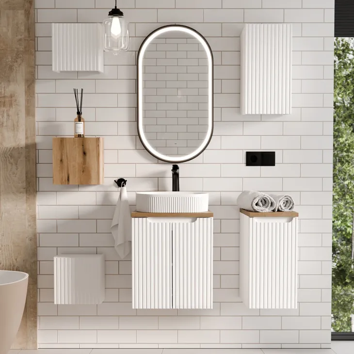 Mobile bagno sospeso 50cm cannettato 2 ante bianco rovere Cleany