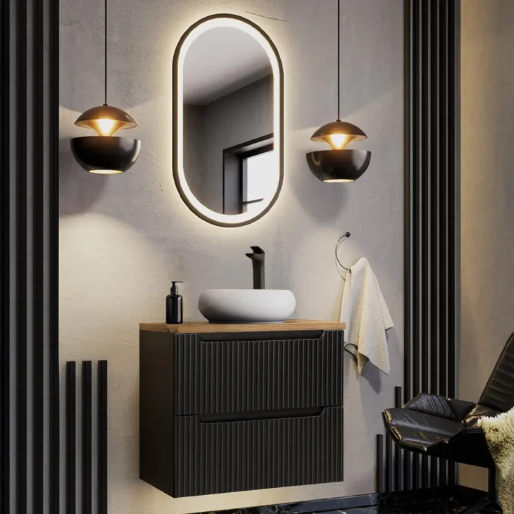 Mobile bagno sospeso 80cm cannettato 2 cassetti nero rovere Cleany