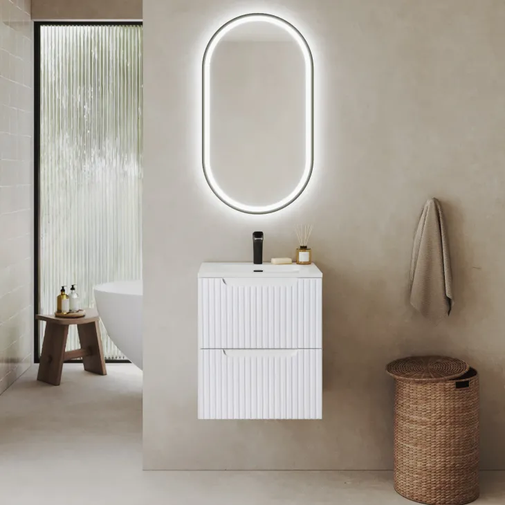 Mobile bagno sospeso 50cm cannettato con lavabo 2 cassetti bianco Cleany