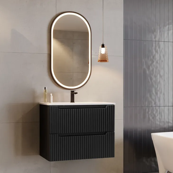 Mobile bagno sospeso 80cm cannettato con lavabo 2 cassetti nero Cleany