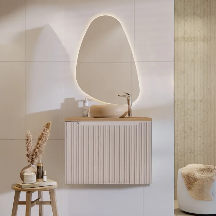 Mobile bagno sospeso 80cm cannettato 2 ante beige rovere Cleany