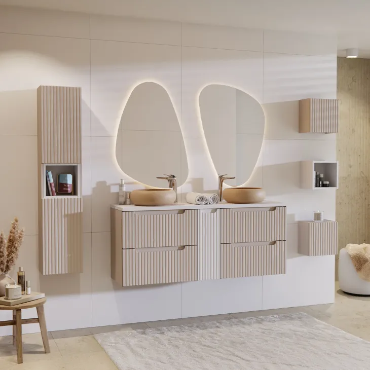 Mobile bagno sospeso 140cm cannettato 4 cassetti beige bianco Cleany