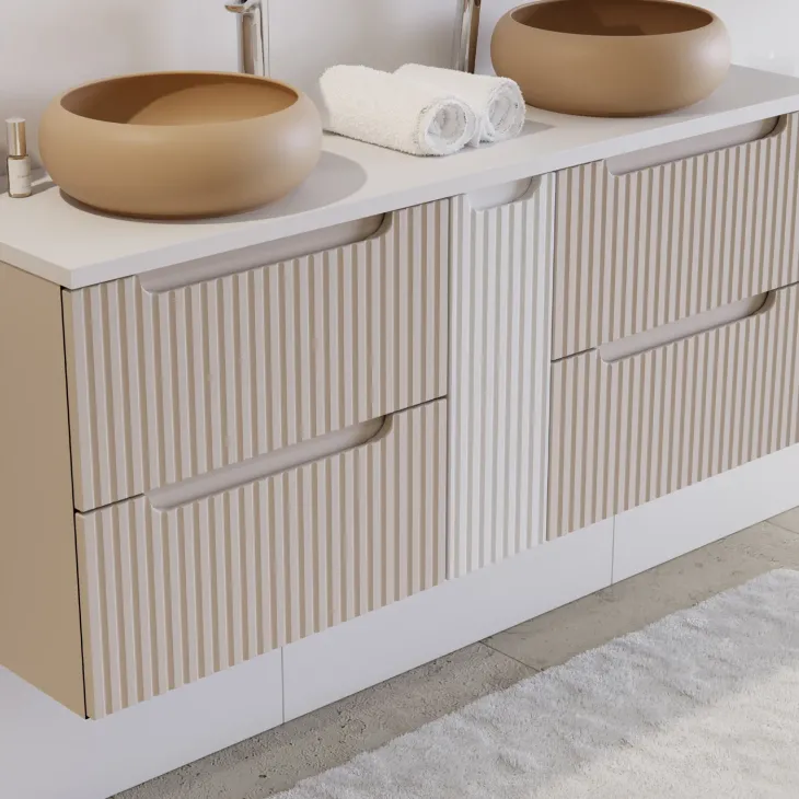 Mobile bagno sospeso 140cm cannettato 4 cassetti beige bianco Cleany