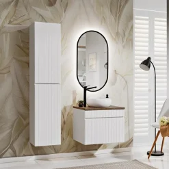 Mobile bagno sospeso 60cm cannettato con lavabo, colonna e specchio bianco Autentic