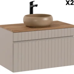 Mobile bagno sospeso 160cm cannettato con 2 lavabi, colonna e specchio beige Autentic