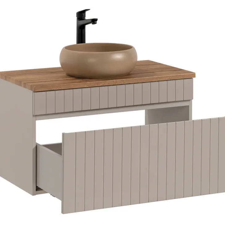 Mobile bagno sospeso 160cm cannettato con 2 lavabi, colonna e specchio beige Autentic