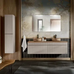 Mobile bagno sospeso 160cm cannettato con 2 lavabi, colonna e specchio beige Autentic