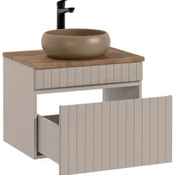 Mobile bagno sospeso 60cm cannettato con lavabo, colonna e specchio beige Autentic