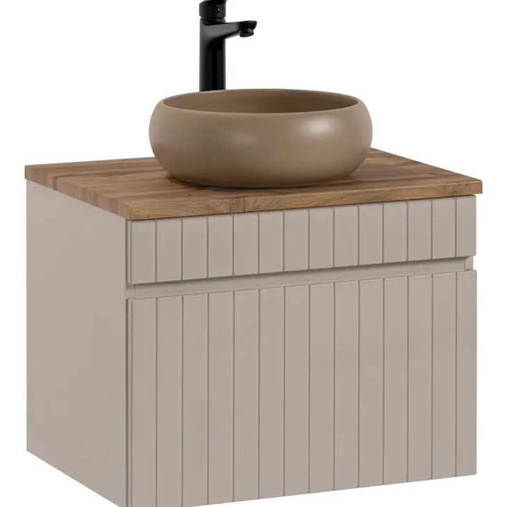 Mobile bagno sospeso 60cm cannettato con lavabo, colonna e specchio beige Autentic