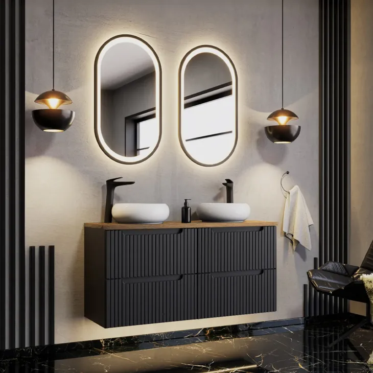 Mobile bagno sospeso 120cm cannettato 4 cassetti nero rovere Cleany