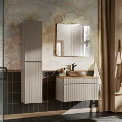 Mobile bagno sospeso 80cm cannettato con lavabo, colonna e specchio beige Autentic